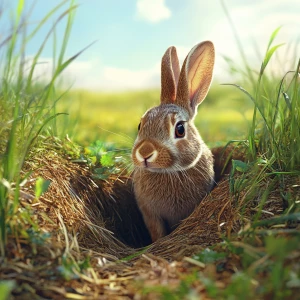 create an image of a rabbit coming out of a hole in a grassy fie...