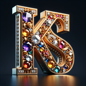 Create a 3-D realistic image with the letters  K.S. in gold raised letters , Add diamonds and colorful jewels