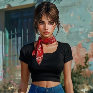 Lucia from GTA, girl with brown hair, big eyebrows, pumped up li...