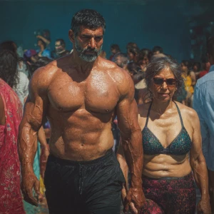 hyperrealism painting,a muscular beefy kashmiri man walking ,wit...