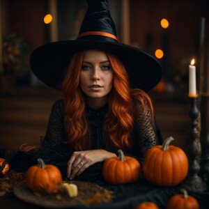 Light ginger haired female dressed as witch