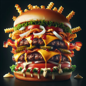 Create an image of a double cheeseburger topped with crispy baco...
