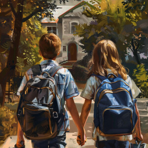 Create a realistic picture of kids going back to school