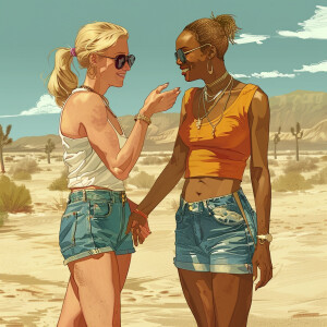 A scene in the desert featuring a blonde woman in sunglasses and...
