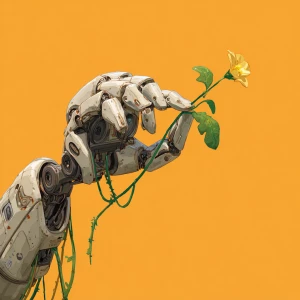 Wall-E robot's hand (arm) touches a flower with a green stem and...