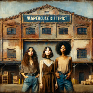 Create an oil painting of an lld warehouse with a sign on yhe wa...