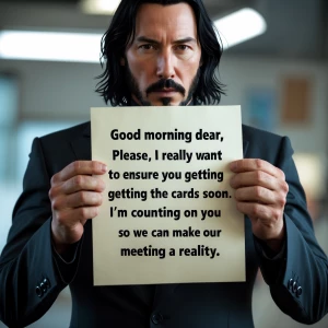 Create a image of Keanu Reeves holding a paper boldly written on...