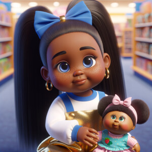 Create a 3-D image of an african-American little girl inside of a medium size, toy store. The little girl has thick long, ponytails and huge blue eyes. She has on a gold and blue jumpsuit with matching bows, She is playing with her favorite african-American cabbage patch doll, the doll has deep, dimples, and freckles and looks just like her