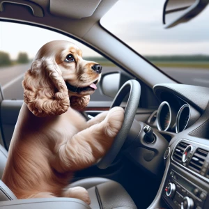 Photo Realistic image Cream Cocker spaniel behind steering wheel in car driving car. Dog holding onto steering wheel driving down road View of front of car . Dig looking out front window. Hood of . View outside of car 🚙 photorealistic