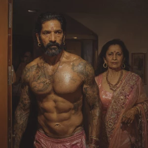 Hyperrealism oil painting.a gujarati muscular beefy bearded tatt...