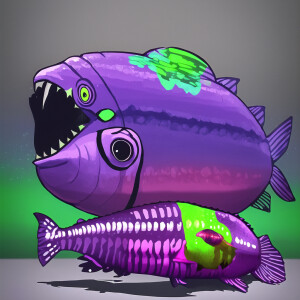 Cute giant purple and neon green piranha