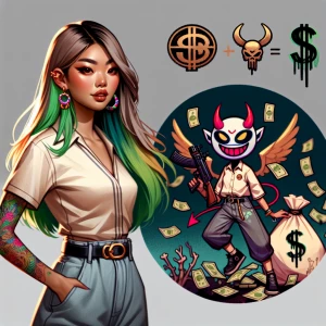 Design a cartoon-style circular logo featuring a cheeky demon we...