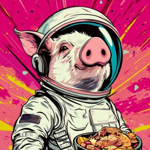 Cute cartoon pig in vintage white spacesuit and NASA style helme...