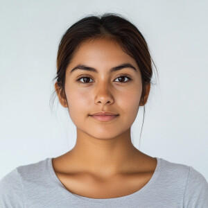 A 21-year-old Mexican woman with a clean face, looking straight...