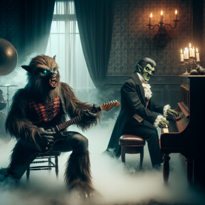 A werewolf with shaggy fur and glowing eyes, resembling the crea...