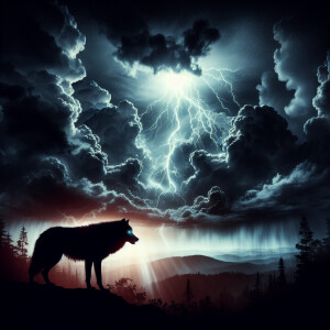 a dramatic sky with dark clouds and a striking lightning bolt. I...