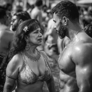 a punjabi  curvy mother in law, in her late 50s,  wearing latex...