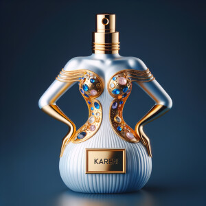 Create a 3-D realistic gold and blue, colorful jewels perfume b...