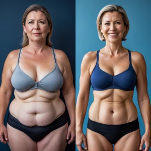 Create a side-by-side full body picture of a woman in her mid-fo...