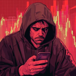 a pale, depressed-looking man with sunken eyes and hoodie, blank...