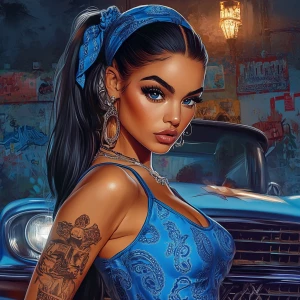 a modern Chicano lowrider art style. It features a confident, La...