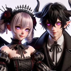 A girl named lilith with elegant gothic lolita dress sit beside Handsome Lucifer with Black Horn, Msyterious Aura of Black Red Purple, Lilith and Lucifer evil smirk, glowing eyes, 3D Humanlike, High Res