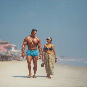 hyperrealism photoreal painting.a muscular sweaty villain man, w...