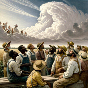 Slaves from the 1600s looking up at a cloud formation, the cloud...