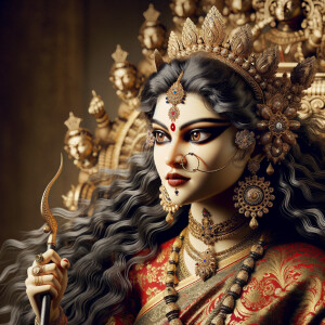 Portrait of gorgeous and angry goddess durga slaying mahishasur....