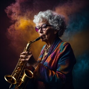 An elderly woman with curly white hair and glasses, playing a go...