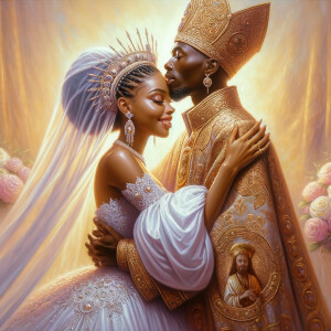 Imagine a hyper-realistic oil painting that captures a tender moment between theAfrican American bride and her God. The setting is intimate and filled with soft, warm lighting that enhances the emotional depth of the scene. The bride, in herexquisite wedding gown, shares a heartfelt embrace with her african-American Lord Jesus , who is dressedin an elegant outfit that complements the wedding's color scheme. Their expressions are full of love, pride, and joy, reflecting the special bond between them. Theattention to detail is paramount, from the intricate designs of their dresses to the subtle emotions conveyed in their facial expressions. The background is a blur ofgentle pastel hues, ensuring that the focus remains on this touching moment. Thispainting should convey the warmth, love, and depth of the relationship, with the rich textures and vibrant strokes characteristic of oil paintings, capturing the essence of this significant pre-wedding moment.