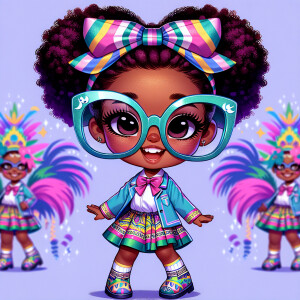 A chibi-style image of an African American 3-year-old girl, stan...