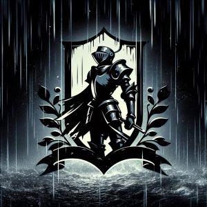 A logo of a knight in the rain