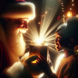 Closeup of a child being given a luminous gift for Christmas by...