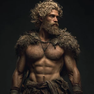 Create an image of a muscular man with a Viking aesthetic. He ha...