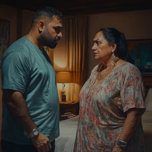 Hyperrealism art.A man(sweaty beefy muscular son in law)  standi...