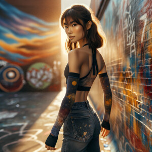 Athletic Thin skinny Attractive, Asian teenage girl, long brown hair and bangs, wearing tight skinny jeans and a halter top paint marks on her clothing, heroic pose Asian graffiti background, backside view