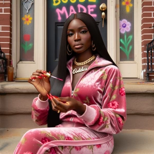 Melanin-rich queen posted on her stoop in a floral pink velour...