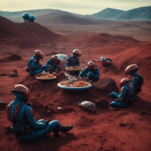 A group of aliens feasting on carcasses on the mysterious Planet...