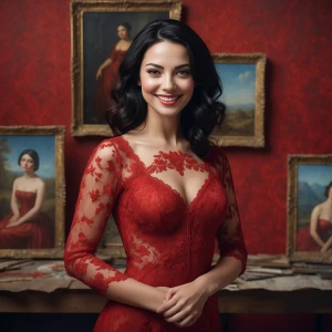 A stunning 27 years dark haired female smiling, standing in a cl...