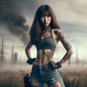 Thin Asian teen girl wearing tight jeans and a halter top Long brown hair and bangs, tattoos on her arms, athletic heroic pose