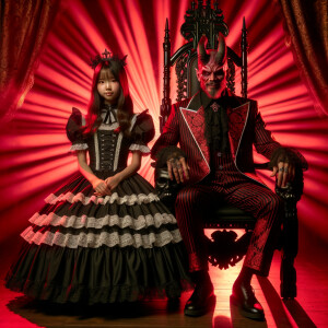 A girl with elegant gothic lolita dress sit beside handsome Lucifer, red background, thrones