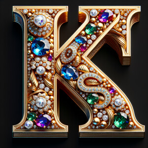 Create a 3-D realistic image with the letters  K.S. in gold raised letters , Add diamonds and colorful jewels