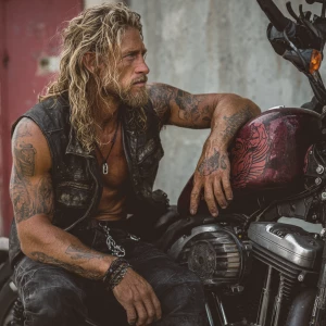 The image shows a muscular bodybuilder man with a tattooed arm s...