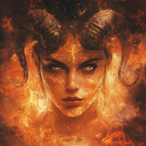 Aries as a celestial fire goddess, her face framed by horns of m...