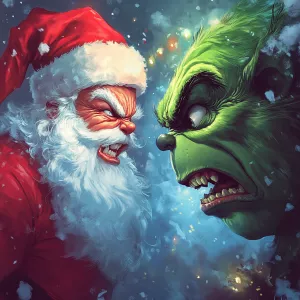 Generate a picture with Santa Claus on the left and the Grinch o...