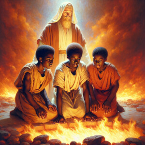 Compose an oil painting depicting three African-American boys ab...