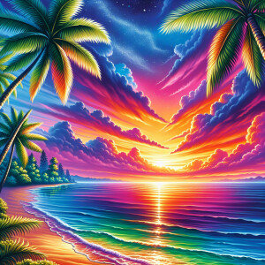 A colorful illustration of a tropical beach with palm trees and...