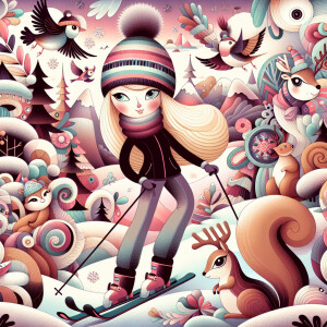 Whimsical winter scenery featuring a blonde woman skiing accompa...