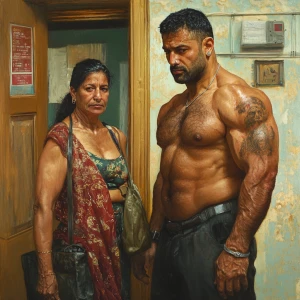 Hyperrealism .A sweaty beefy man entering with his 54 year old...